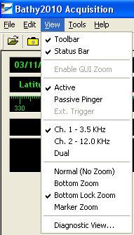View Menu Toolbar Status Bar Enable GUI Zoom Passive Pinger CH. 1-1 Selection CH.