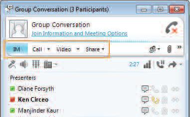 Conferencing Lync 2010 Quick Reference Guide Start a group IM conversation You can start a group instant messaging (IM) conversation by selecting multiple contacts or a contact group from your