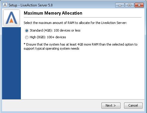 Figure 14: Server IP Address Step 15: Select the desired maximum memory allocation for your LiveAction server. The selection is based on the number of devices in your network. Default is 4GB.