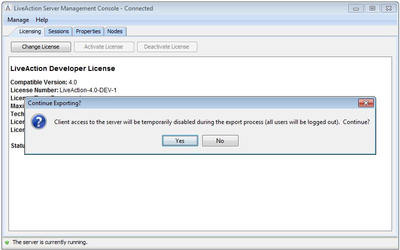 Figure 1: Export Configuration Step 2: During the export process the server will be temporarily disabled. Click Yes to continue.