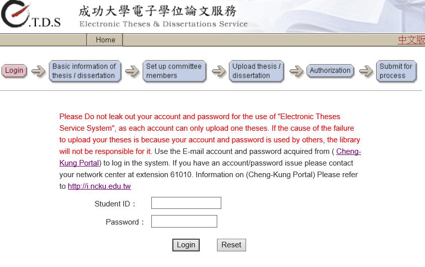VI. Submission Login ETDS ID/Password Check your student ID and password (the same as NCKU Portal )before login, if there is any question about the ID/password, please contact the Computer and