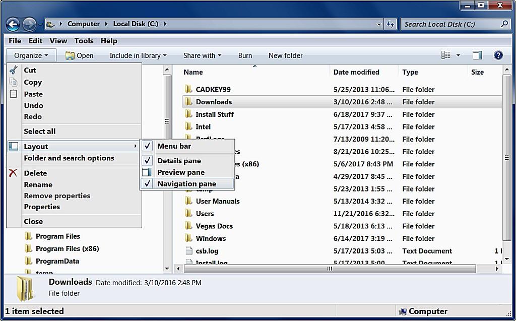 Opening Windows 7 Explorer When you select a folder in the navigation pane, Column headings,6, show information about the contents. The column headings can be changed and rearranged by the user.