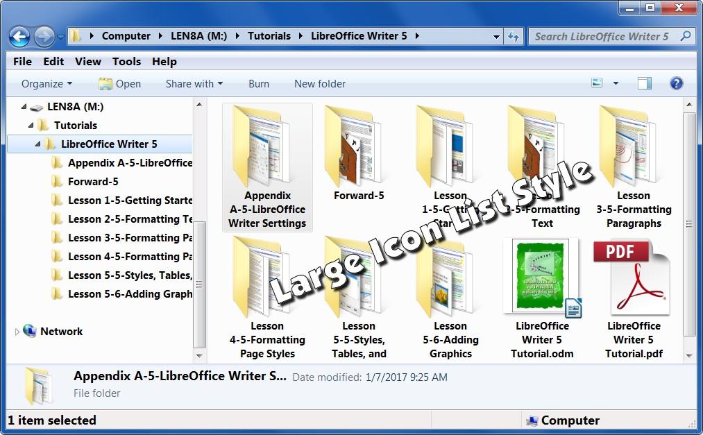 Windows Explorer Display Examples. is in a folder named Tutorials, which is stored in the disk drive named LEN8A (M:) on the example computer.