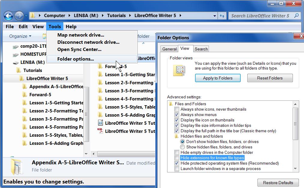 Display File Extensions Understanding the different types of files requires that you know about file extension for files.