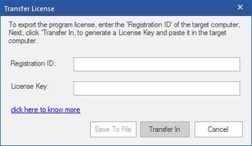 3. Copy the Registration ID displayed on the Target Computer in the field of Registration ID on the Source Computer. 4. To get your License Key, click the Transfer In button on Source Computer.