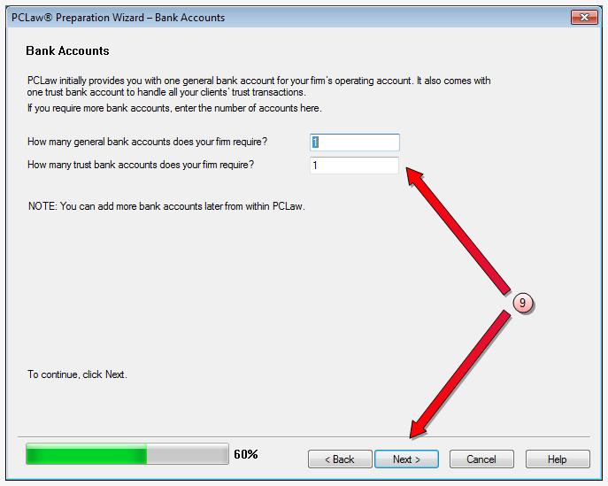 9. Accept the default number of bank accounts, or enter the number of accounts