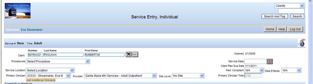 Once you click Select, the Service Entry page opens. Enter the billing data in the top portion and then begin typing the documentation of the service.