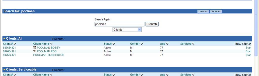 The Groucho Marx icon next to a name in the search results indicates that the name is an alias. Notice that the client numbers are the same.