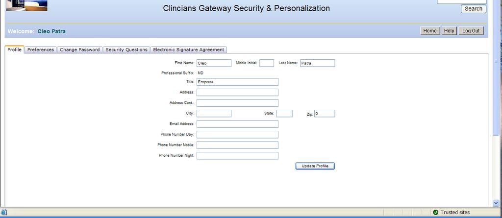 Home Page: At the Security page, click on the Security Questions