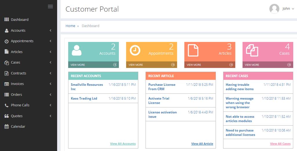 Portal Dashboard: Quickly access any module using the module icons. Portal admin can set the accessibility to recently added records for portal users.