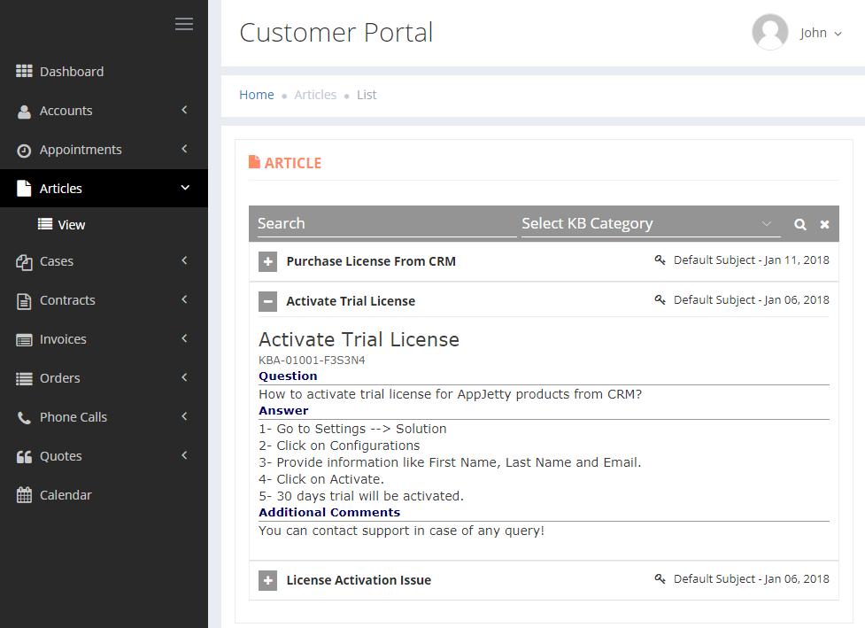 Knowledge Base: Access the Knowledge Base module of Dynamics CRM from portal