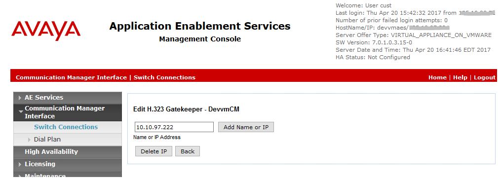 Locate the connection name associated with the relevant Communication Manager, in this case DevvmCM, and select the corresponding radio button.