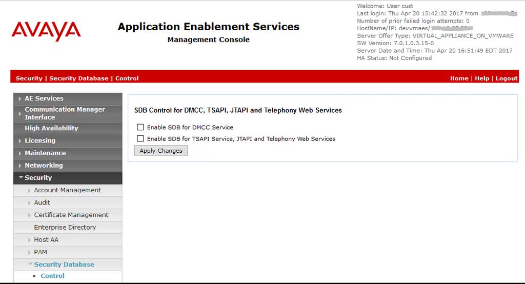 6.6. Administer Security Database Select Security Security Database Control from the left pane, to display the SDB Control for DMCC, TSAPI, JTAPI and Telephony Web Services screen in the right pane.