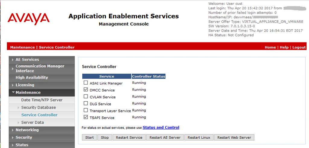 6.8. Restart Services Select Maintenance Service Controller from the left pane, to display the Service