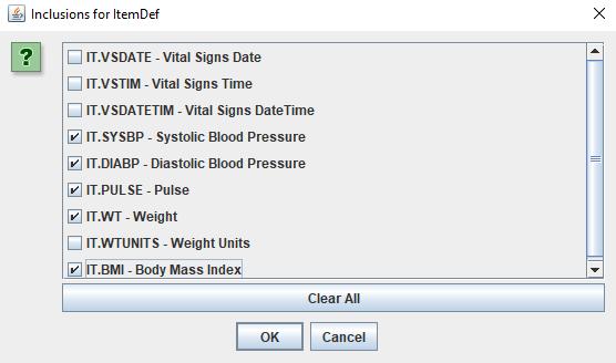 We do not select Vital Signs Date, Vital Signs Time, Vital Signs DateTime, and Weight Units as these do not represent vital signs test codes.