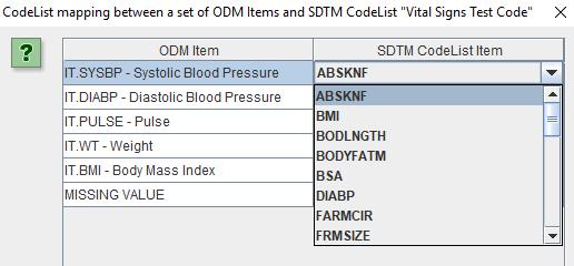 codes) we can now easily map to an SDTM vitals signs test code, by a simple selection on the right.