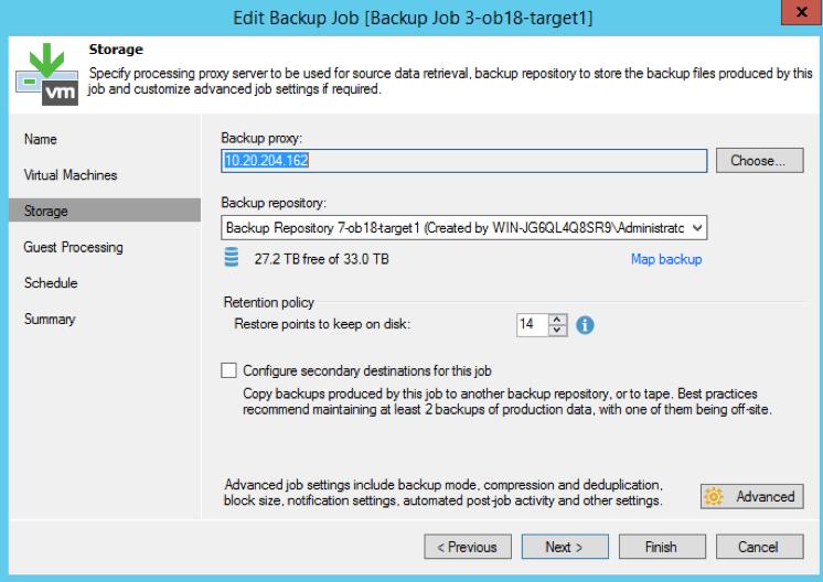 Figure 9 Configuring Storage for Backup a Job 2.1 Select the Advanced tab in this view. See Figure 10. 2.1.1 The forward incremental backup with synthetic full backup enabled is a default method for backup chain creation.