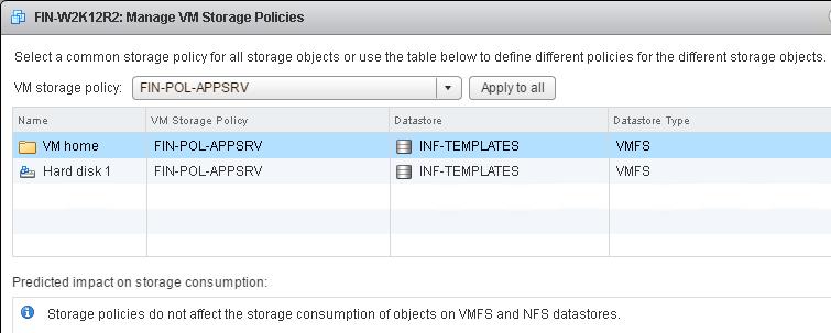 In the Manage VM Storage Policies dialog box, select the policy to apply from the VM storage policy list. b. Click Apply to All. c. Click OK to apply the policy.