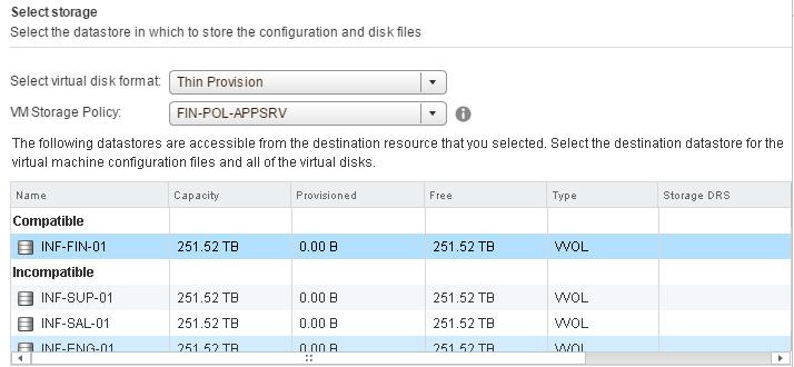 c. Select the vsphere cluster for the VM. d. Select storage for the VM. The SPBM policy and tags applied to the VM control which VVol datastores appear as compatible. e.
