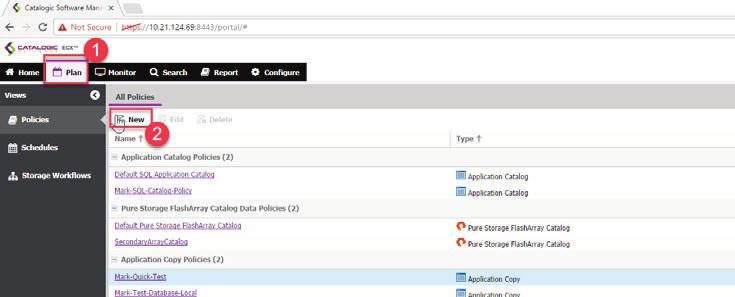 To create a Use Data policy 1. Click the Plan tab, as shown in Step 1, Figure 38. Figure 38. Run Copy Data Policy 2.