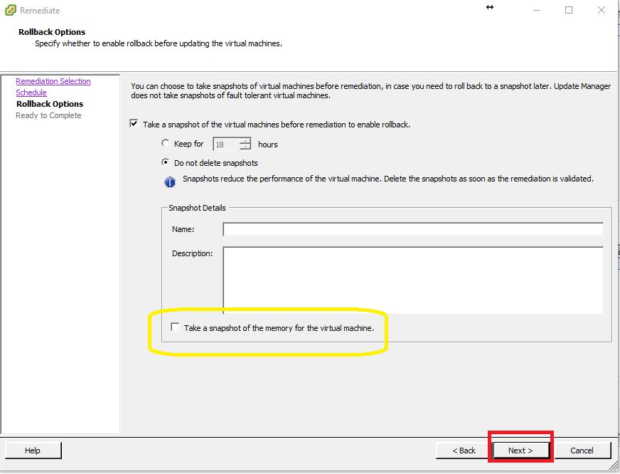 10. Rollback Options- Keep Default- Click Next. *you have option to create a snapshot to VM before applying patch to VM.