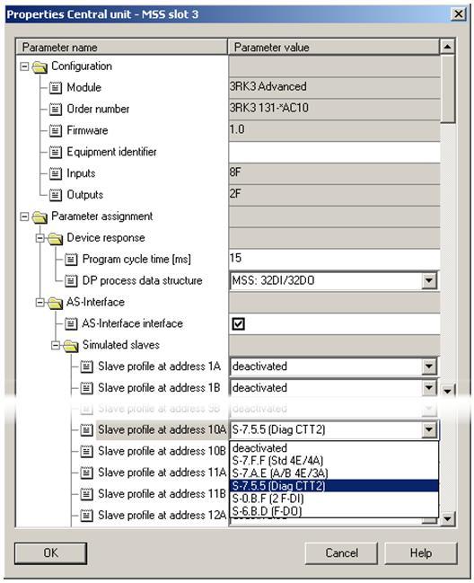1 Parameter assignment of the MSS 3RK3 for cyclic data exchange by means of CTT2 slave 3. In the properties window, scroll to the parameter Simulated slaves. 4. Assign a slave profile with DiagCTT2.