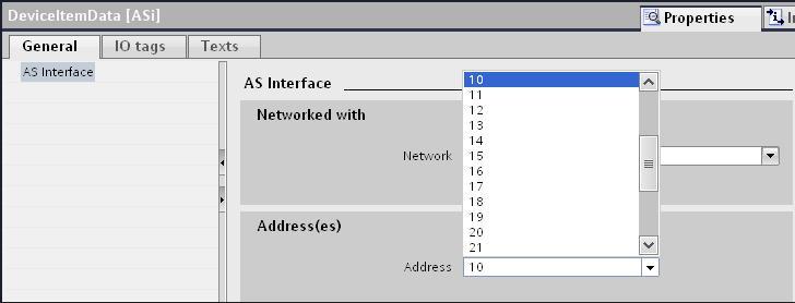 2 Configuration of the CM1243-2 in Step 7 Professional V12 (TIA Portal) 3. Specify the AS-i address of the universal standard slave (here address 10). To do so, select the slave in the network view.