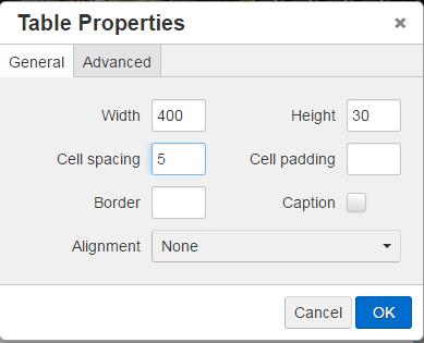 A compressed table will appear at the insertion point. 5. Click the Insert a New Table button again and select Table Properties from the dropdown menu. The Table Properties modal will appear. 6.