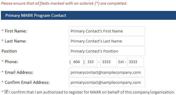 Step 2: Contact Information In this section you will be asked to provide a primary contact for MARR and will have the option to provide additional contacts.