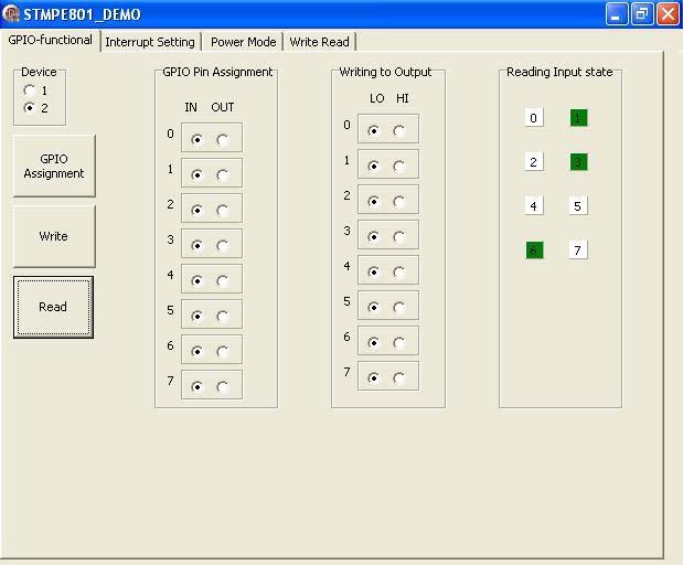 Running the STMPE801 port expander GUI 2.2 Programming GPIO The eight GPIOs can be configured as input or output individually and independently of each other.