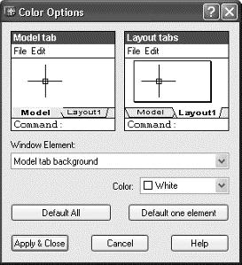 Introduction to the AutoCAD Graphics Window 9 FIGURE 1.5: The Color Options dialog box 2. Move to the Color drop-down list, which is below the Window Element drop-down list.