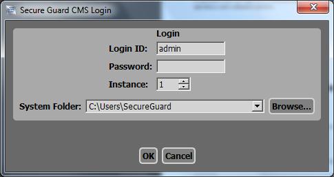 3.1.2 Operations 3.1.2.1 Initial Login When Secure Guard CMS is starting, a dialog is presented in order to gather the login name, password, instance, and system folder. See Figure 2.