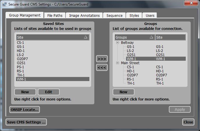 Figure 6 - CMS Settings, Group Management Tab The normal order of operations is the following: 1. Define one or more sites using the Site Settings and Sites sections. 2.