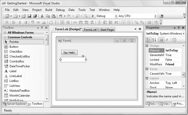 In Figure 1-8, you can see how the Toolbar tool window appears after being pinned and the result of clicking and dragging a button onto the form visual designer. Figure 1-8 3.