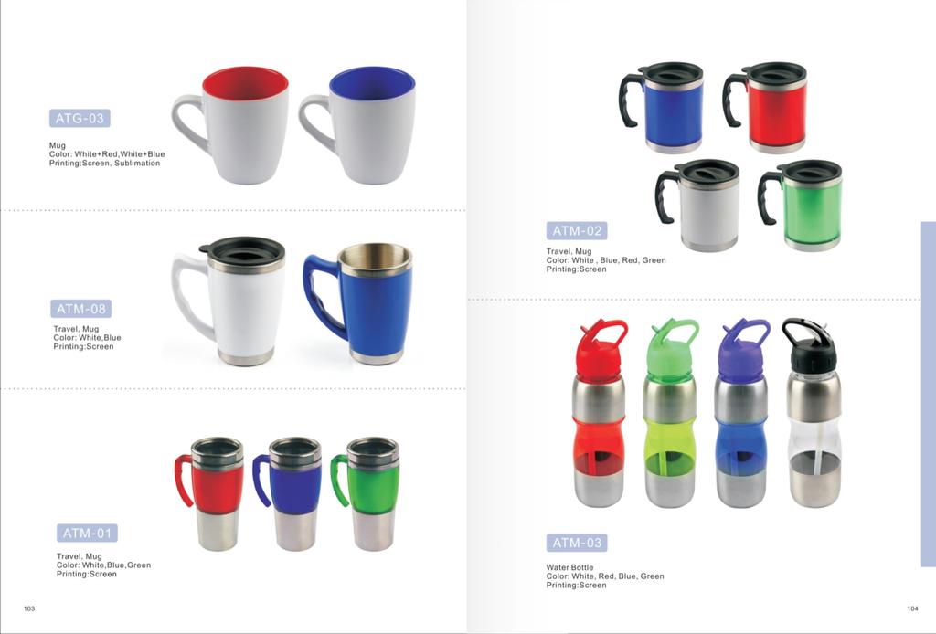 Stock Items Fast Delivery ATM-05 Metal Water Bottle Color: White, Black, Red, Green Printing: Screen ATM-06 Suction Thermal Color: White, Black, Blue, Red, Green Printing: Screen ATM-07 PVC Water