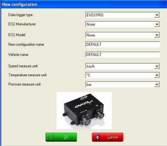 EVO3 1.00 You have to fill in the grey window as explained below. Data logger type - select EVO3 Pista or EVO3 Pro ECU manufacturer - select your ECU manufacturer if supported.