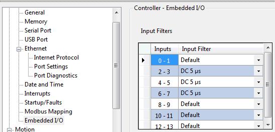 Configure Motion Axis Properties Chapter 2 Configure Embedded I/O Properties Go to Controller Properties Embedded I/O, and update the input filter values as shown below.
