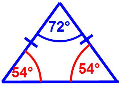 The 5 apothems for the regular pentagon from above are drawn in red below. Since the triangles are isosceles, we can determine all three angles in each triangle.