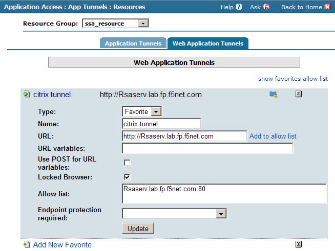 Figure 15 Adding a new Web Application Tunnel Favorite Now that you have configured the Favorite, the next task is to check its Master Group Settings, where you can optionally configure Single