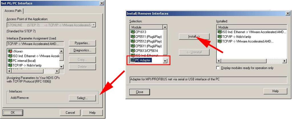 Set at Extras > Set PG/PC interface as Interface parameter assignment "PC Adapter (MPI)". Click to [Properties]. Enter your MPI parameters at the register "MPI".