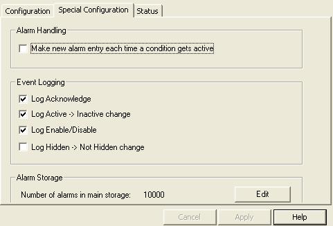 Alarm and Event Setup Section 15 PLC Connect 7. Configure the event handling according to Figure 85: Figure 85. Alarm and Event Setup Deselect Make new alarm entry each time a condition gets active.