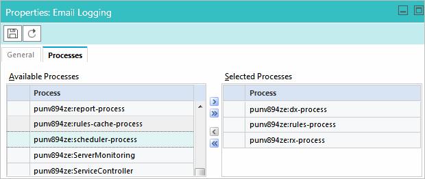 4. In the Properties pane, on the Processes tab, select the process to be included in the process group. Select the processes 5. Click the Save button.