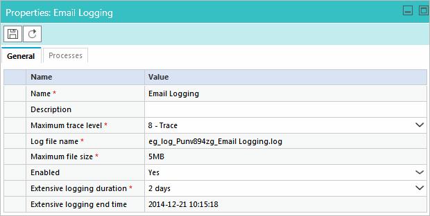 10 minutes 30 minutes 1 hour 2 hours 4 hours 1 day 2 days 1 week The Extensive logging end time field automatically displays the time when the extensive logging for the process is set to end.