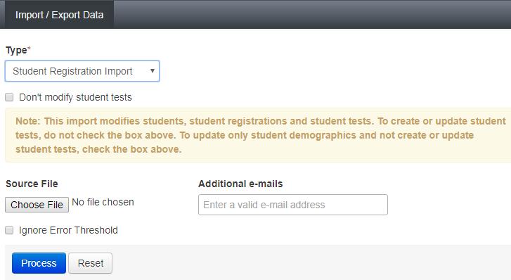 2. Go to Setup > Import / Export Data. 3. Open the Select Tasks list, select Import / Export Data, and click Start. 4. Select Student Registration Import from the Type dropdown menu.