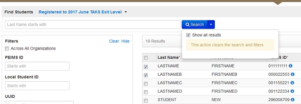 3. Search to find the student(s), or click the down arrow next to the Search