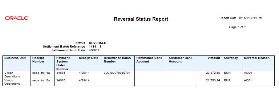 5. Reversal Status Report Use the Reversal Status Report to view information on receipts that are reversed and on receipts that are not reversed when the Payments Retrieve Funds Capture