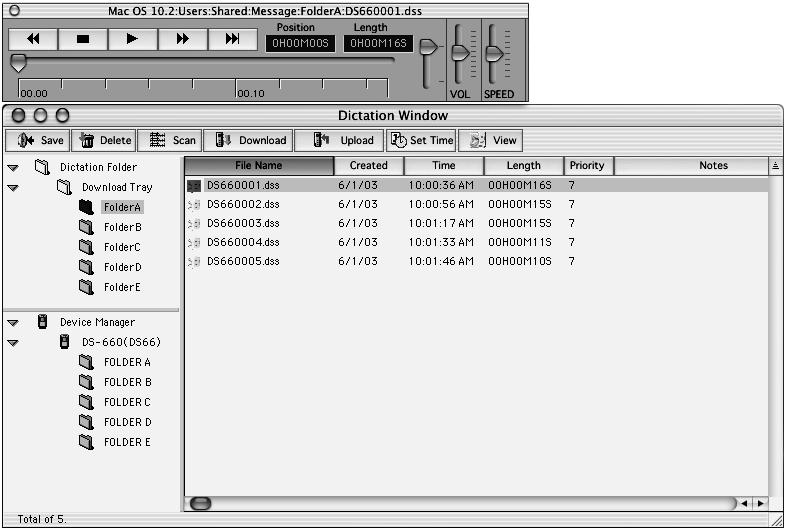 Dictation Folder Window Will display the directory structure of the DSS, WAVE (Windows only) and AIFF (Macintosh