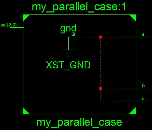 module my_parallel_case (sel, a, b, c); input [2:0] sel; output a, b, c; reg a, b, c; always @(sel) begin {a, b, c} = 3'b0;
