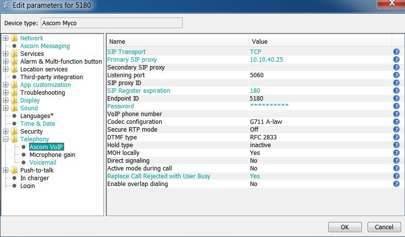The Edit parameters for 5180 screen is displayed as shown below. Click on Ascom VoIP that is seen on the left hand side and configure the following values.