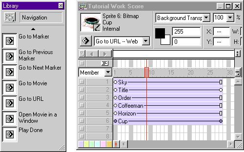 3 Drag the Go to URL behavior from the Library palette to the Cup sprite on the Stage or in the Score. It makes no difference whether you attach a behavior to a sprite on the Stage or in the Score.